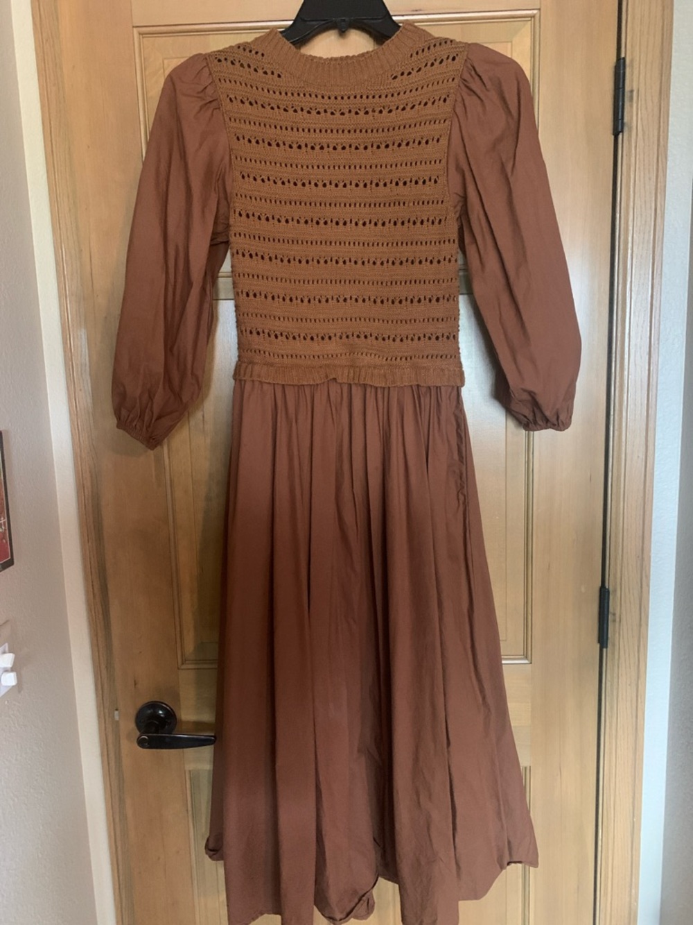 Crochet Bodice Puff Sleeve Brown Midi Dress